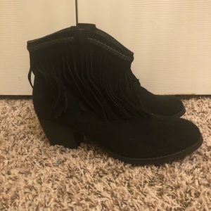 black fringe booties